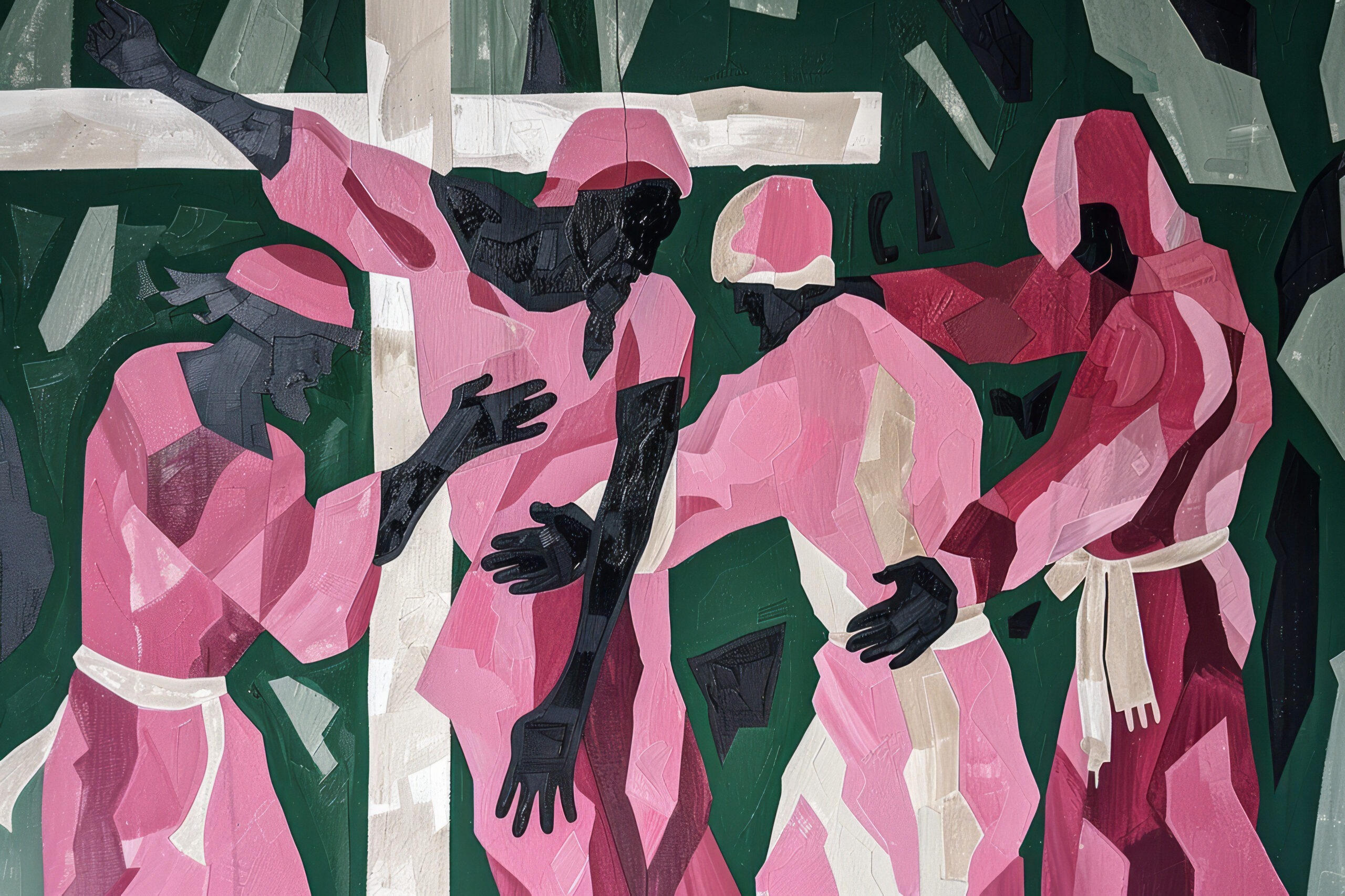 Ilustración abstracta de Jesús llevando una cruz blanca, rodeado de cuatro figuras humanas en tonos rosados y negros, con fondo verde y formas geométricas fragmentadas.
