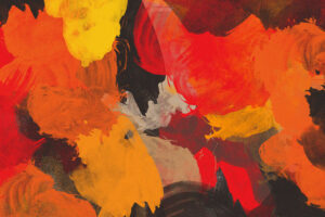 Pintura abstracta con manchas vibrantes de rojo, naranja, amarillo y negro que se superponen creando una composición energética y dinámica.