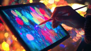Mano pintando con pincel sobre una tableta digital con trazos de colores intensos y luces brillantes de fondo.