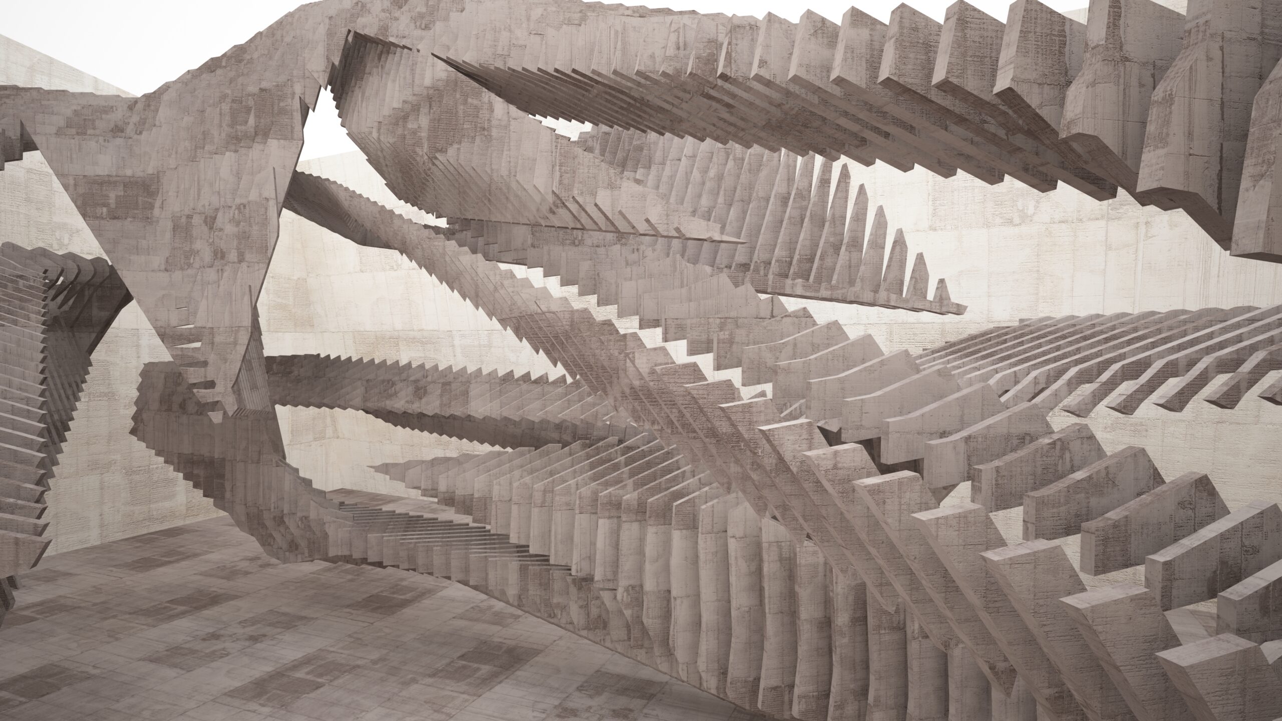Interior abstracto con múltiples escaleras de concreto entrelazadas en diferentes direcciones, en una sala amplia de estilo minimalista.