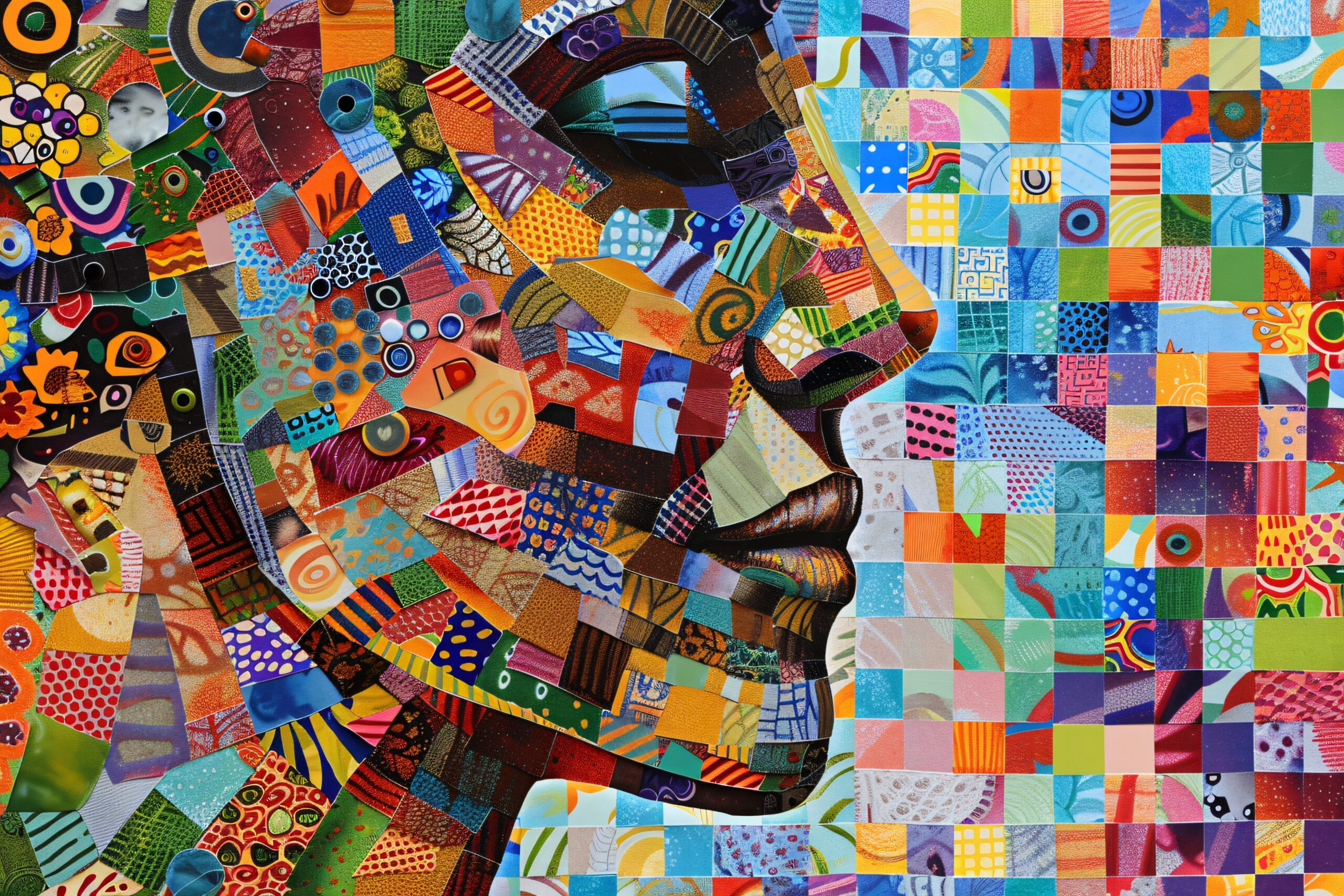 Retrato artístico de perfil formado por una composición de piezas coloridas y geométricas que simbolizan la diversidad del espectro autista.