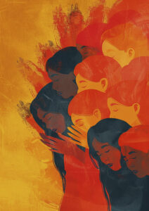 Ilustración digital de varias mujeres con los ojos cerrados, abrazadas entre sí, en tonos cálidos como rojo, naranja y amarillo, sobre un fondo texturizado que expresa unidad y diversidad.