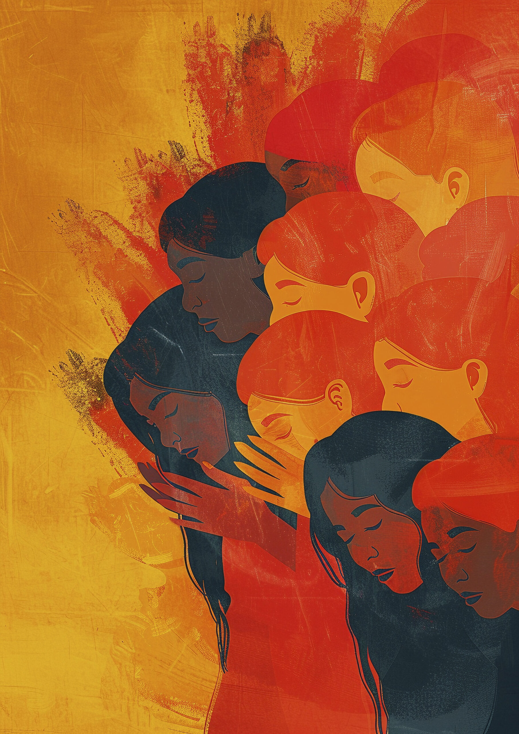 Ilustración digital de varias mujeres con los ojos cerrados, abrazadas entre sí, en tonos cálidos como rojo, naranja y amarillo, sobre un fondo texturizado que expresa unidad y diversidad.
