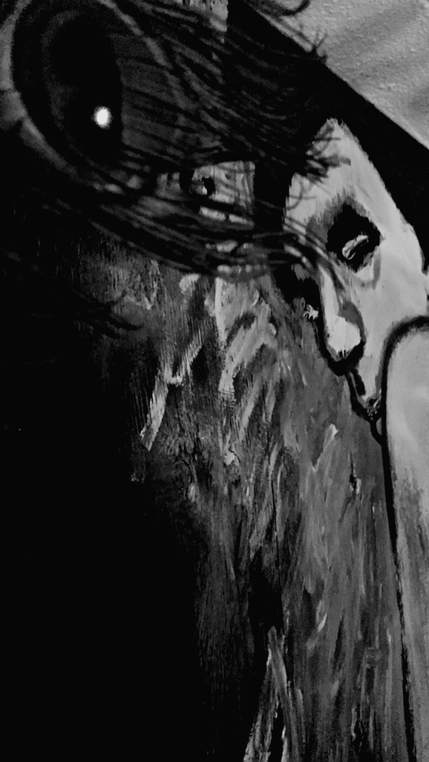 Pintura en blanco y negro de un rostro cubierto parcialmente por una pluma de pavo real.