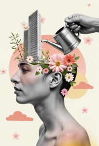 Collage artístico de un rostro en perfil en blanco y negro, con flores, ramas y un edificio emergiendo de su cabeza, mientras una mano sostiene una regadera vertiendo agua sobre ellos, sobre un fondo minimalista con nubes y tonos pastel.