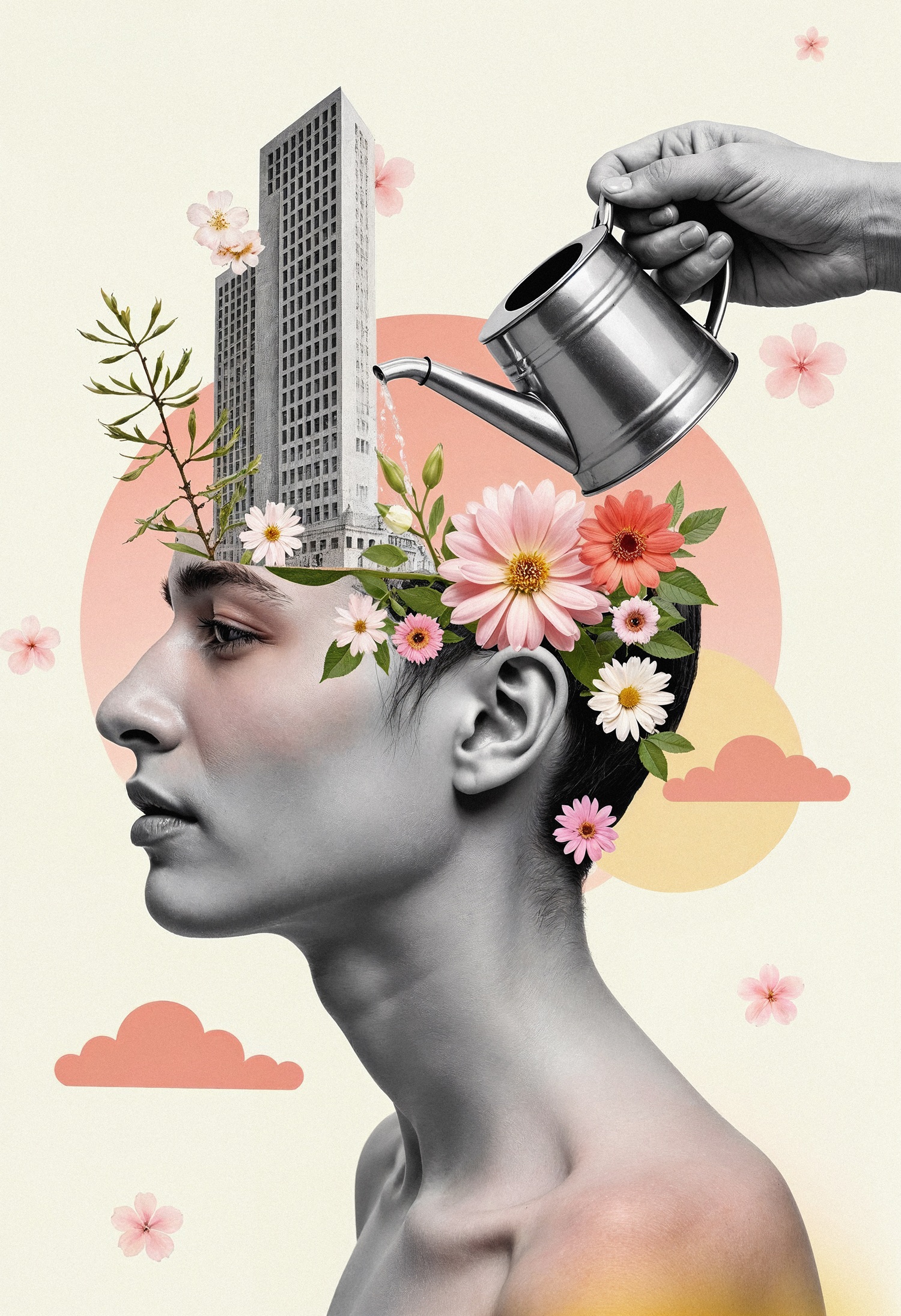 Collage artístico de un rostro en perfil en blanco y negro, con flores, ramas y un edificio emergiendo de su cabeza, mientras una mano sostiene una regadera vertiendo agua sobre ellos, sobre un fondo minimalista con nubes y tonos pastel.