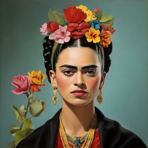Frida Kahlo con corona de flores multicolor, pendientes dorados y gesto serio frente a un fondo azul.