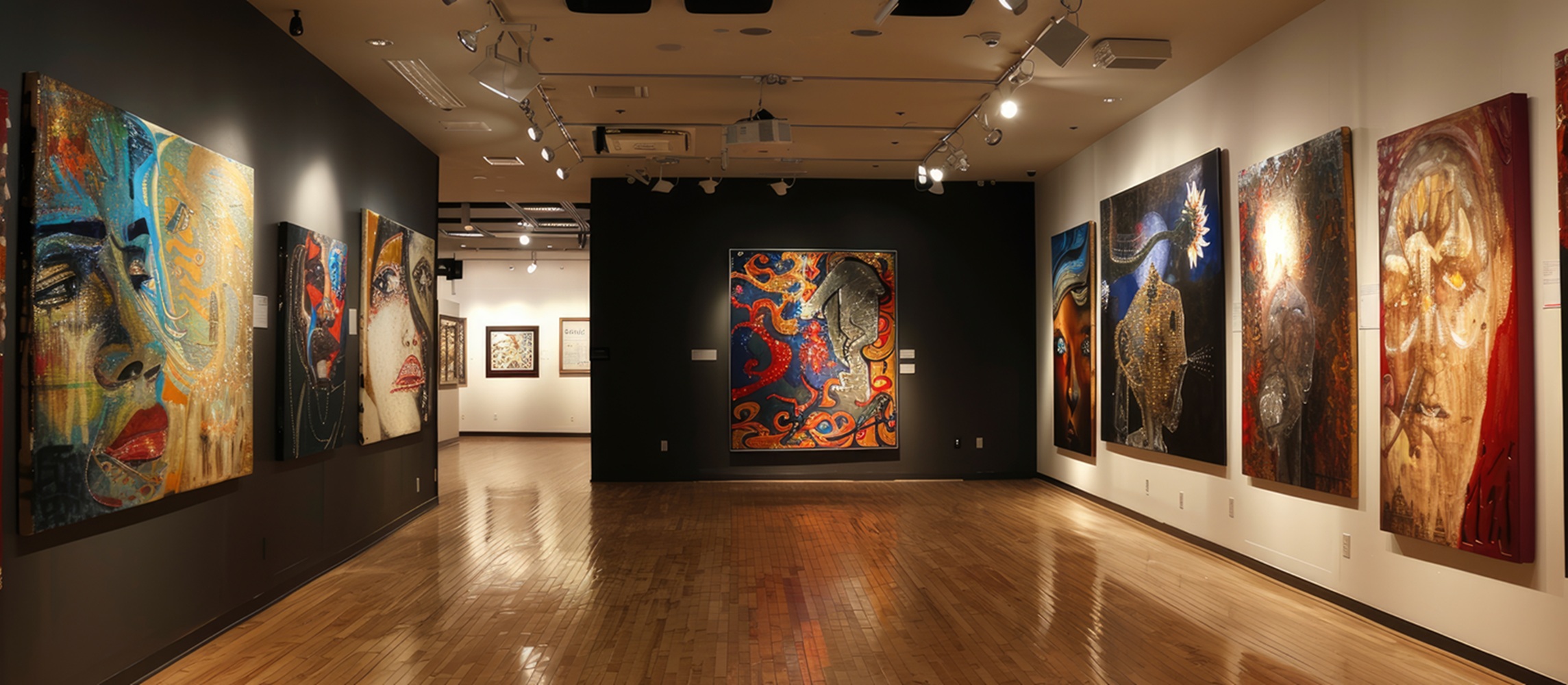 Interior de galería de arte moderno con piso de madera y paredes llenas de grandes lienzos abstractos y expresionistas iluminados con focos de exhibición.
