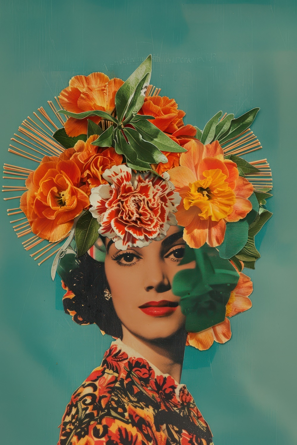 Collage artístico de una mujer con tocado de flores naranjas y rojas sobre fondo turquesa.