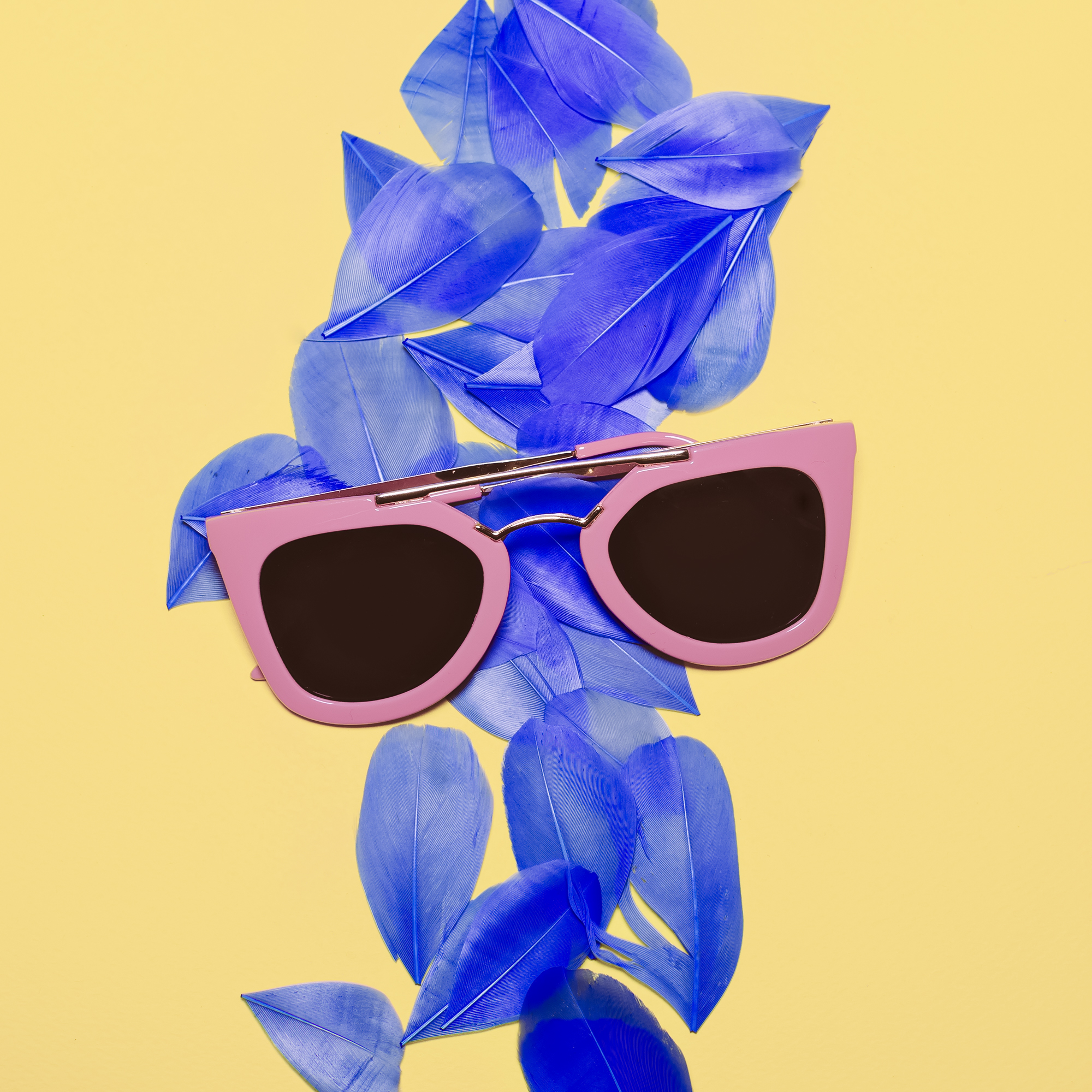 Gafas de sol rosas sobre fondo amarillo con plumas azules
